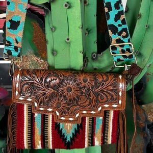 Hand-Tooled Leather Crossbody Bag with Turquoise Leopard Strap